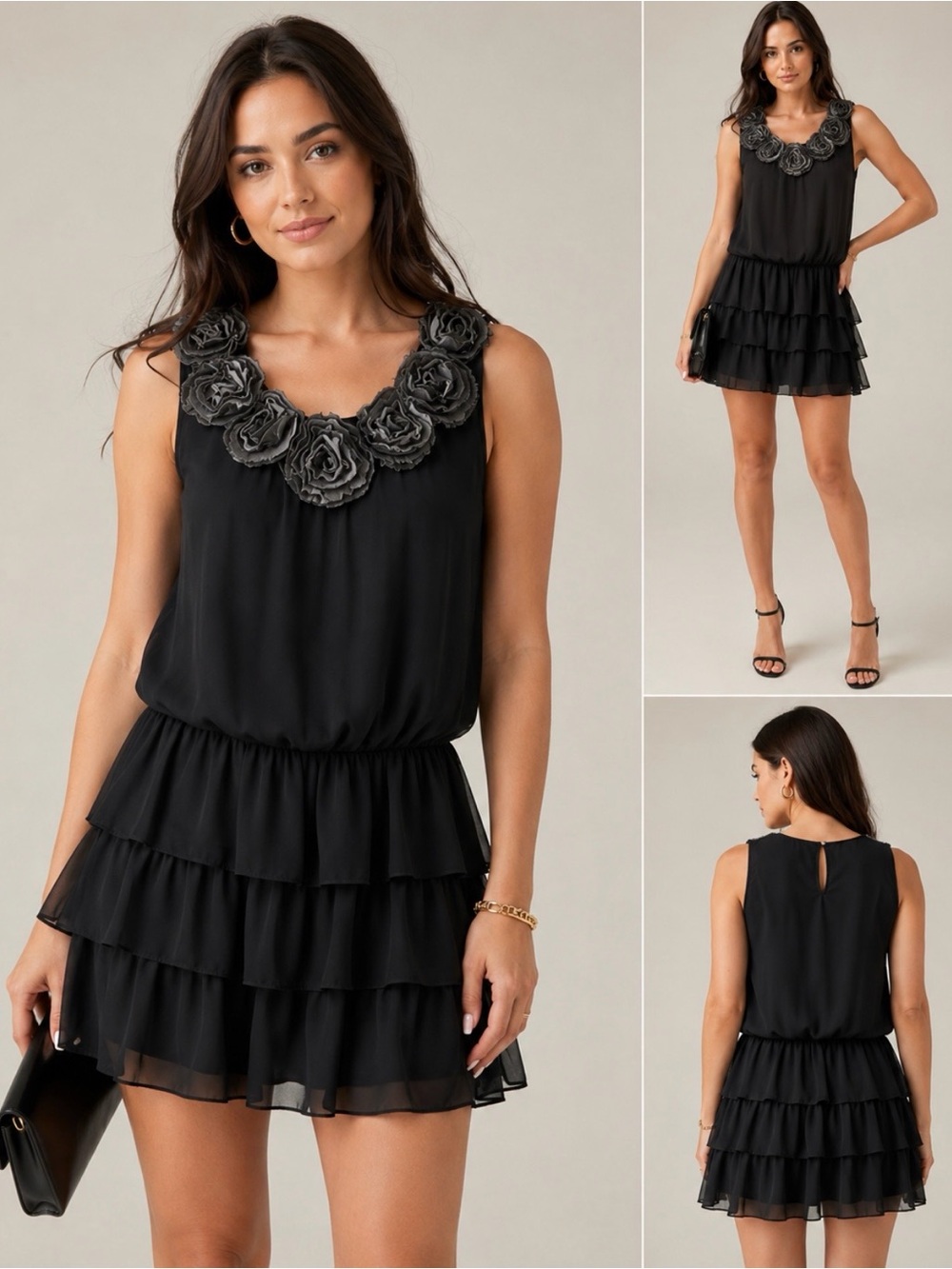 The Hanger Floral Embroidered Ruffle layered Black dress Size S